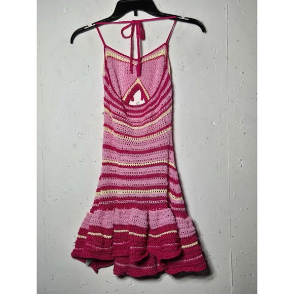 Shein Pink Crochet Halter Mini Dress Size Large Cut Out Festival Summer Hippie - Picture 2 of 9
